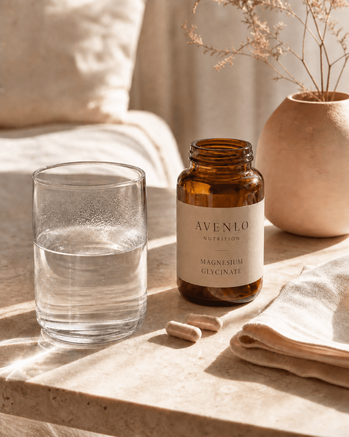 Synthetic Avenlo Nutrition bedside routine with a branded supplement bottle and water glass