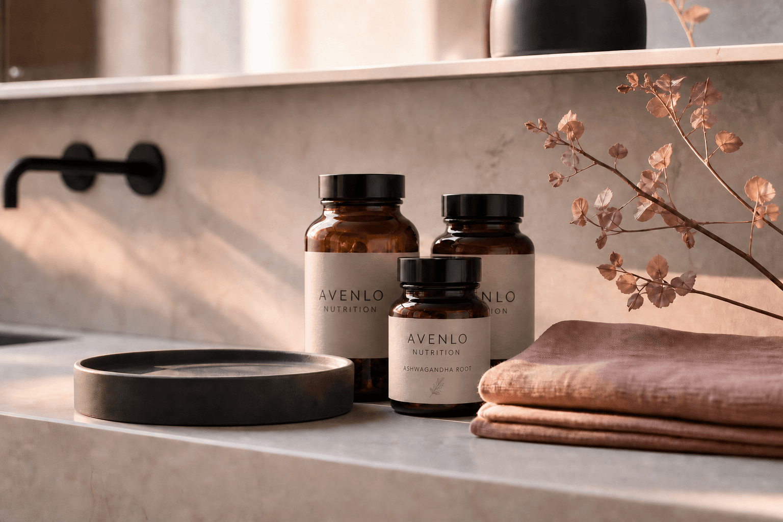 Synthetic evening shelf scene with branded Avenlo Nutrition bottles